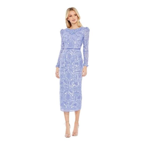 NWT MAC DUGGAL 93595 Periwinkle Floral Sequin Embellished High Neck Dress Womens - Picture 1 of 13